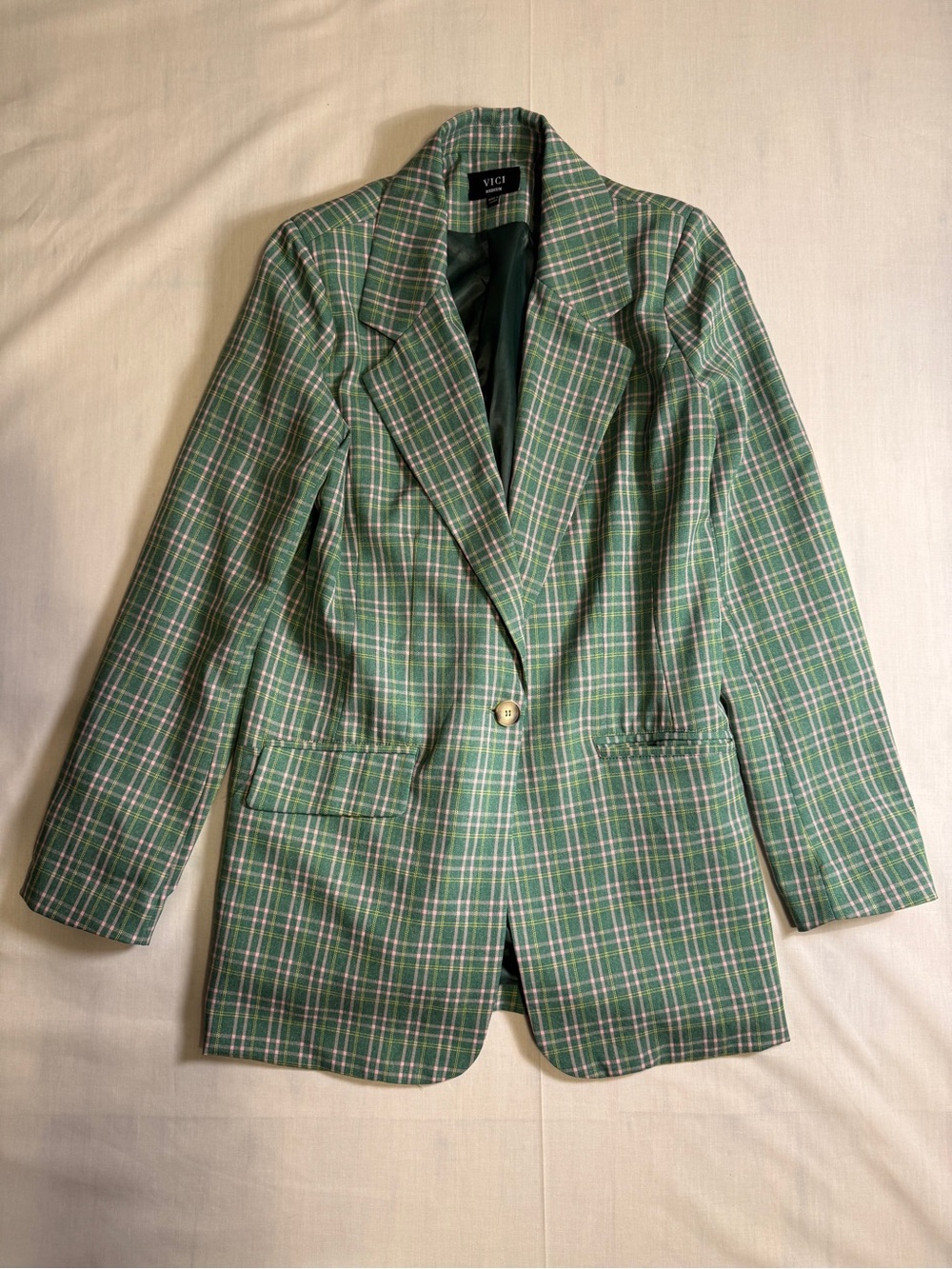 VICI Collection Green Pink Plaid Oversized Blazer Jacket Womens Medium OI6668VC